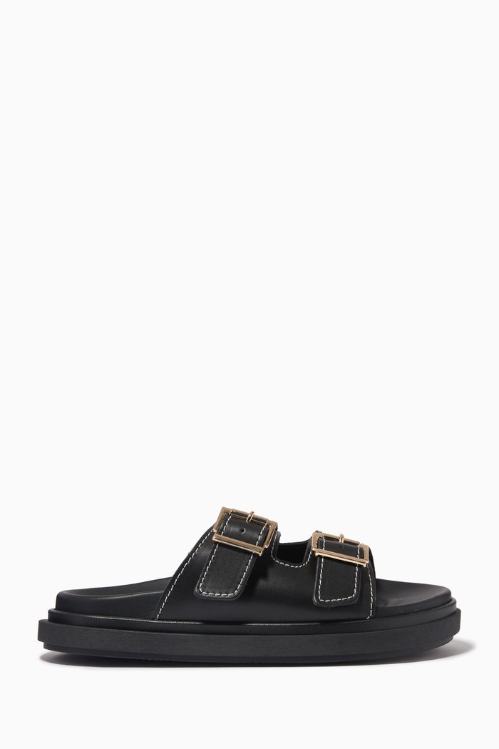 Buckle Strap Sandals in Leather, Black