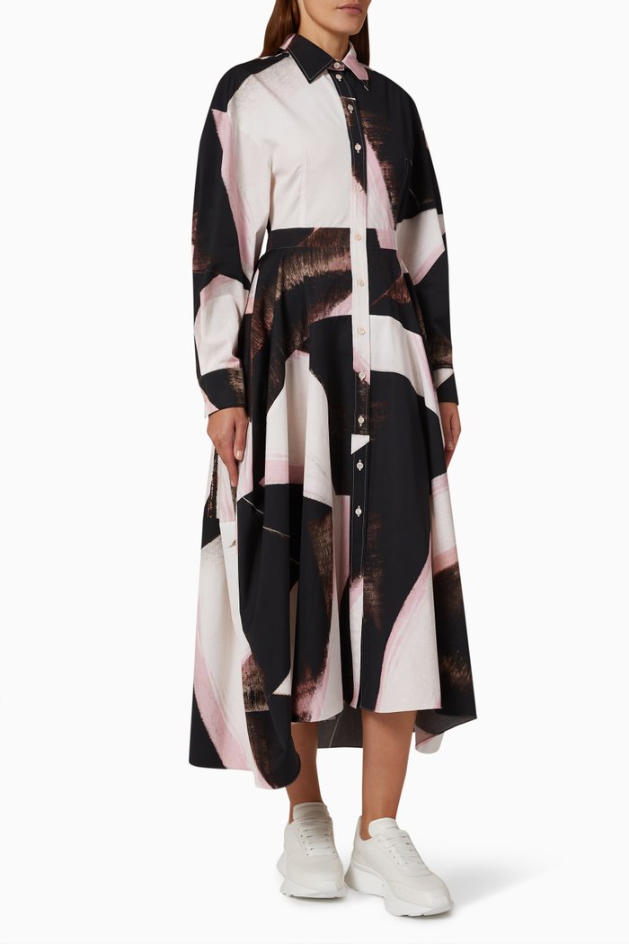 

Graphic Brushstroke-print Midi Shirt Dress in Recycled Polyfaille, Black
