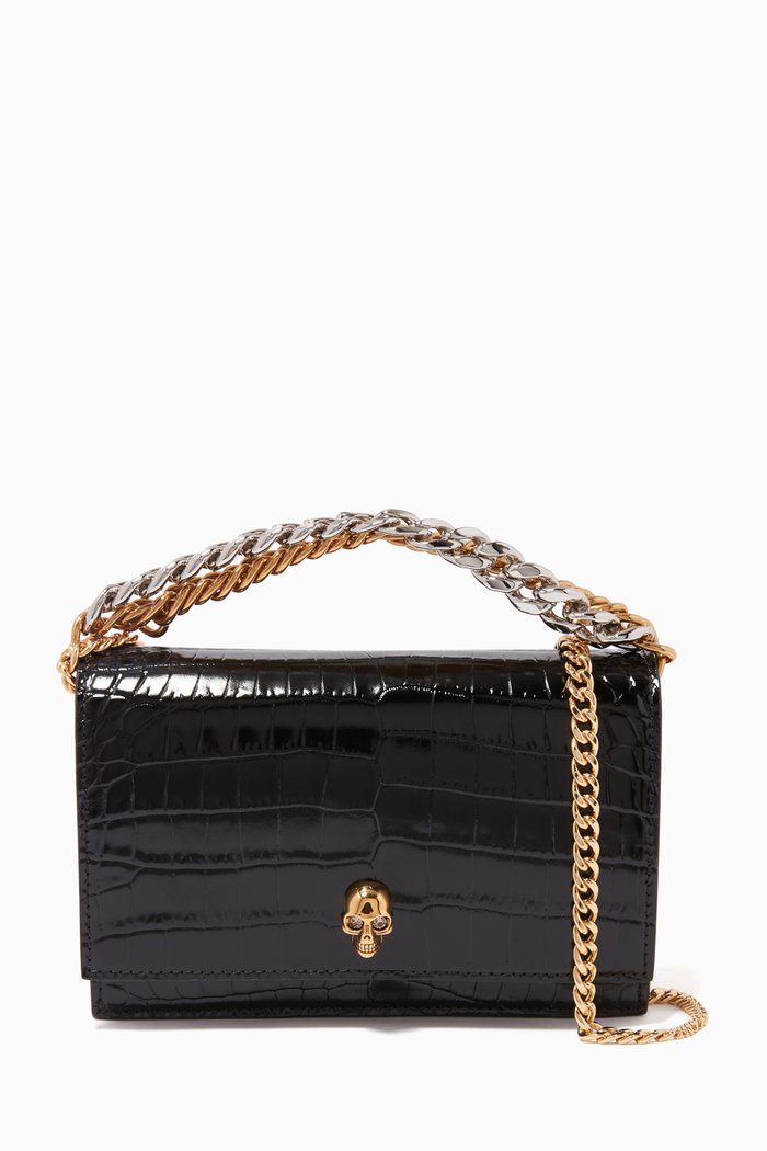 Small Skull Bag with Chain in Croc-embossed Leather, Black