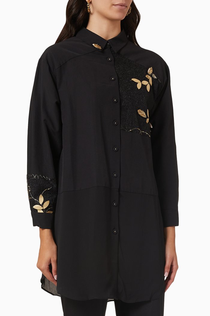 

Floral Embroidery Tunic Shirt, Black