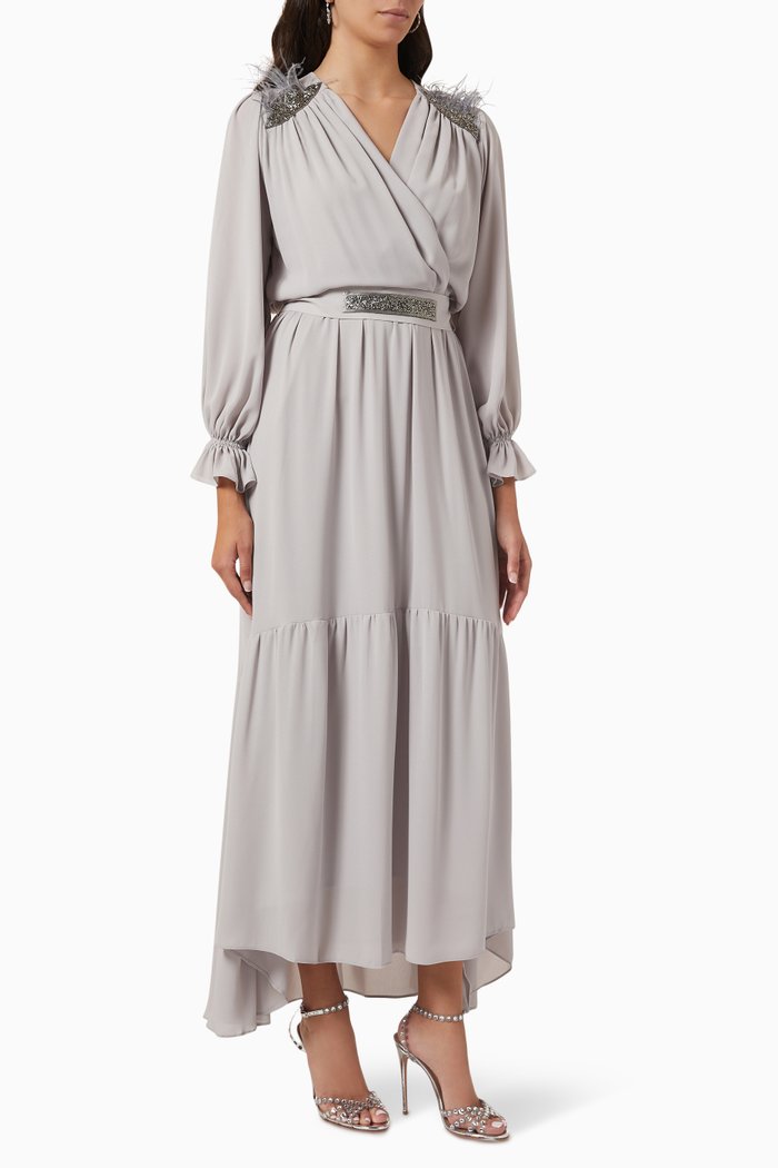 

Sequin & Feather Embellishment Maxi Dress, Grey