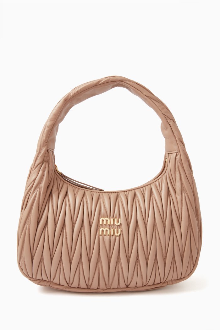 

Small Miu Wander Hobo Bag in Matelassé Nappa, Neutral