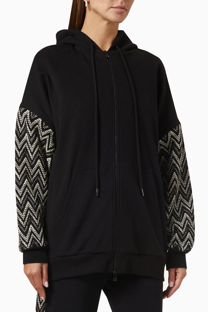 

Zig-zag Zip-up Hoodie in Cotton, Black