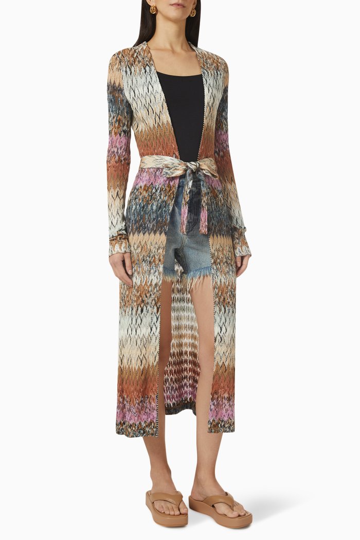 

Belted Longline Cardigan in Wool-blend Knit, Multicolour