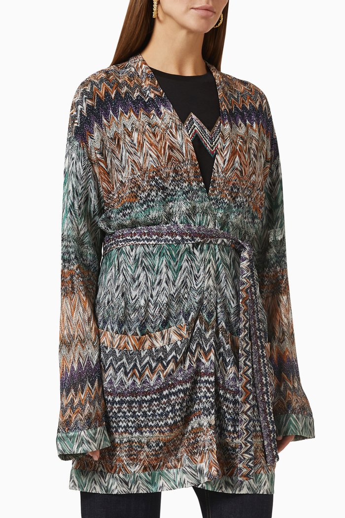 Belted Long Cardigan in Viscose-blend Knit, Multicolour