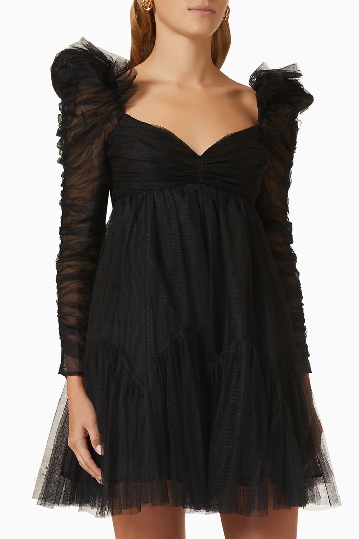 

Ruched Mini Dress in Tulle, Black