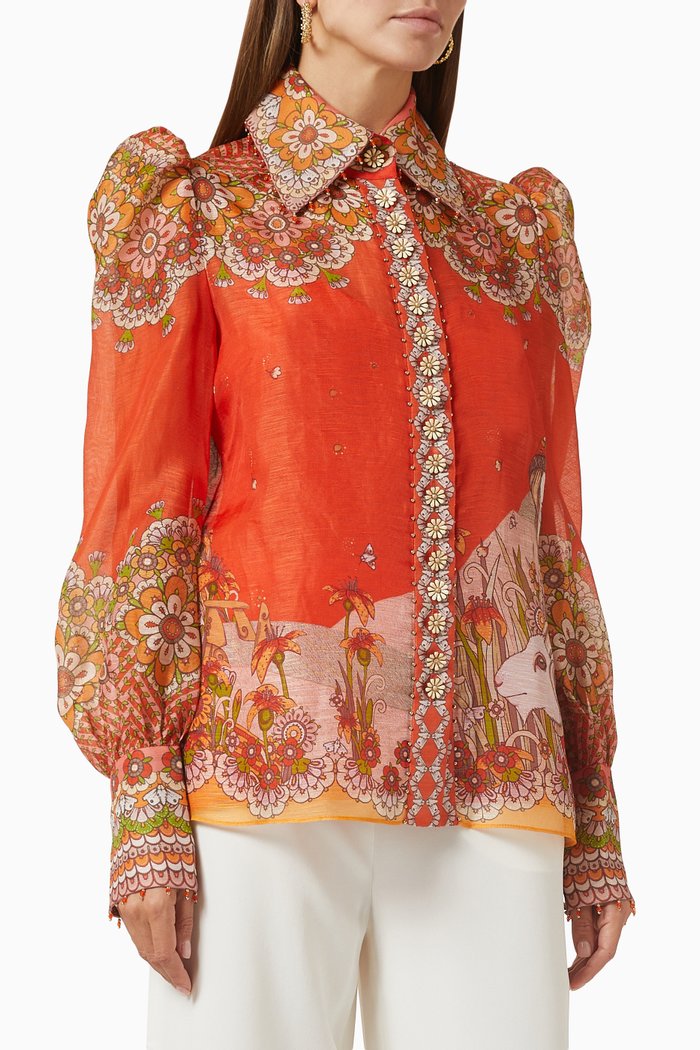 Kaleidoscope Zodiac Body Shirt in Linen Blend, Orange