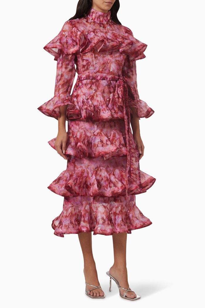 Kaleidoscope Frill Midi Dress in Linen, Pink