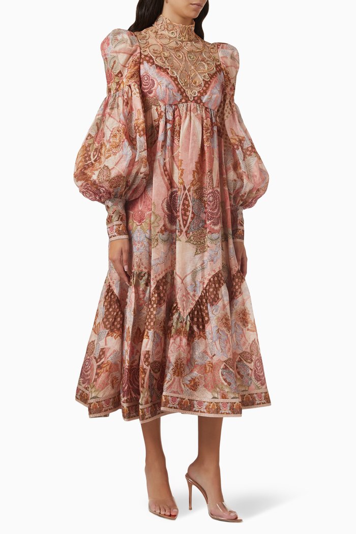 

Kaleidoscope Swirl Yoke Midi Dress in Linen, Multicolour