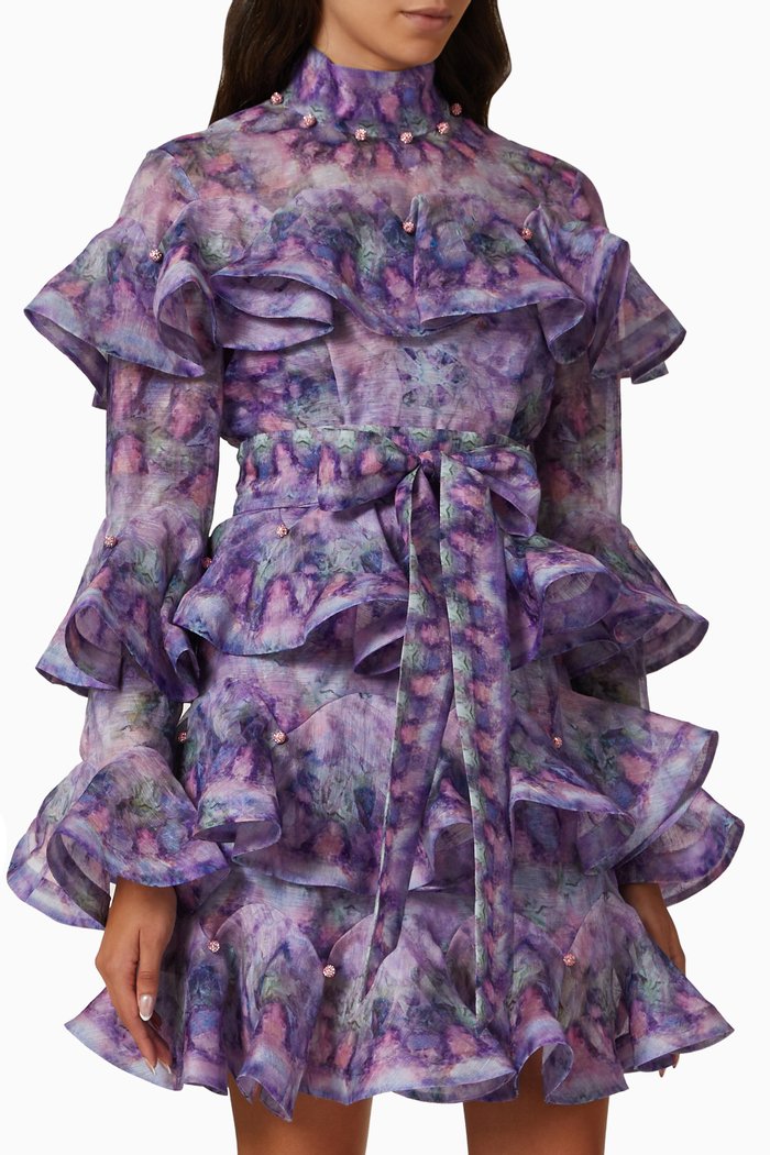 

Celestial Embellished Frill Mini Dress in Linen-silk, Purple