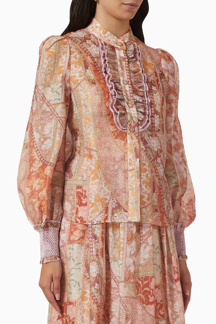 Kaleidoscope Tuxedo Blouse in Linen, Multicolour