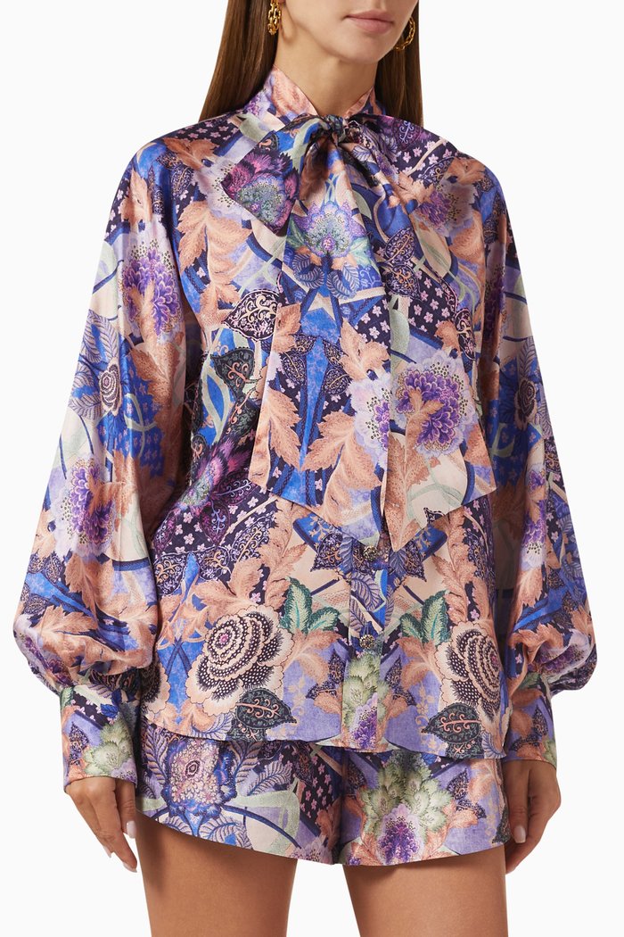 Celestial Tie Neck Blouse in Silk Twill, Multicolour