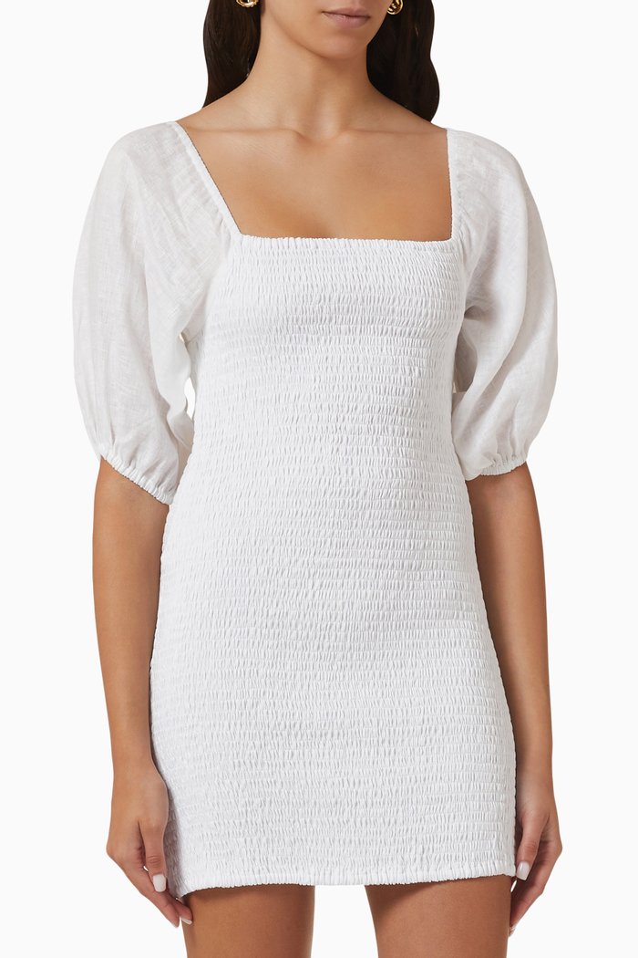 

Luana Shirred Mini Dress in Linen, White