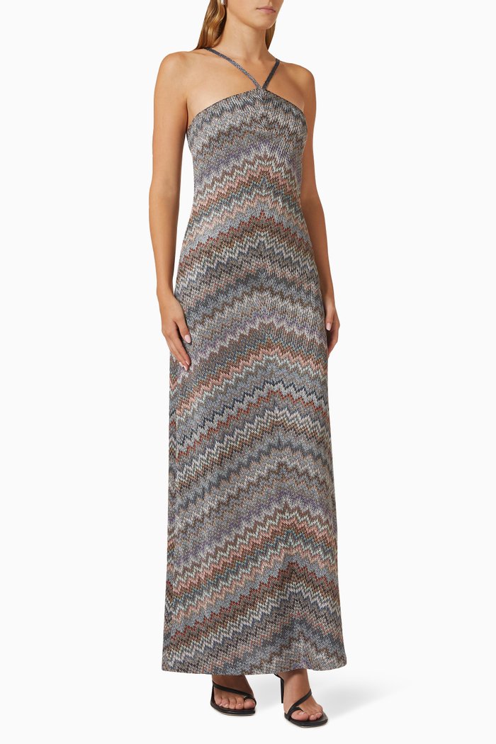 Halterneck Stripe Maxi Dress in Viscose-blend, Multicolour
