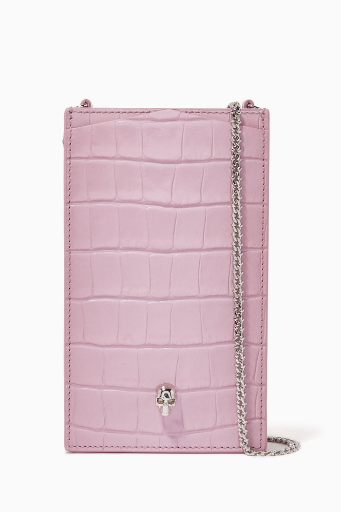

Skull Phone Case on Chain in Croc-embossed Leather, Purple