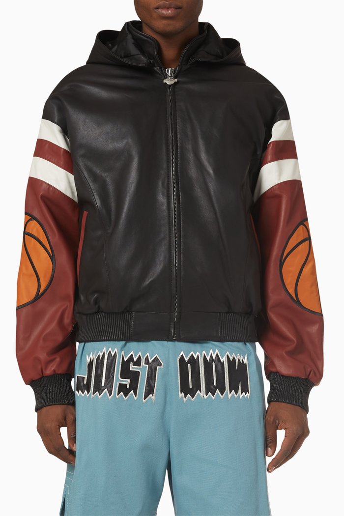 

Basketball Embroidered Bomber Jacket in Leather, Multicolour