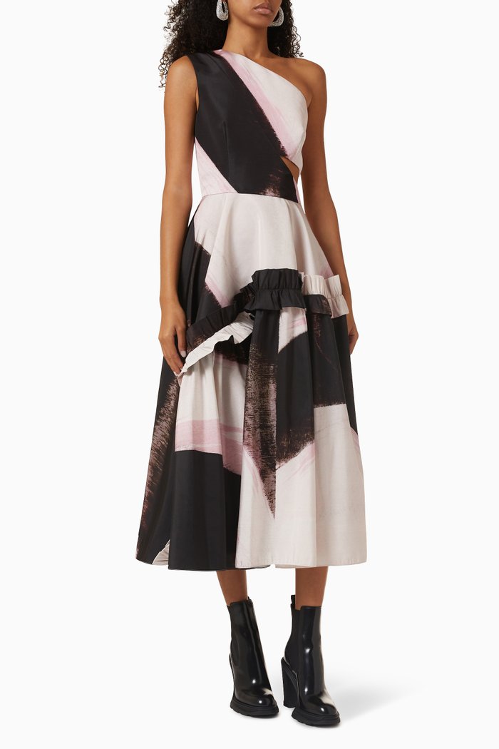 

Brushstroke Asymmetric One-shoulder Midi Dress in Polyfaille, Black