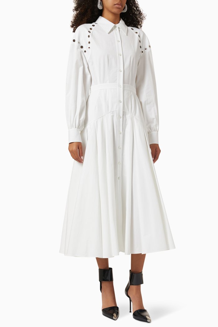 Eyelet Harness Shirt Midi Dress in Cotton, White