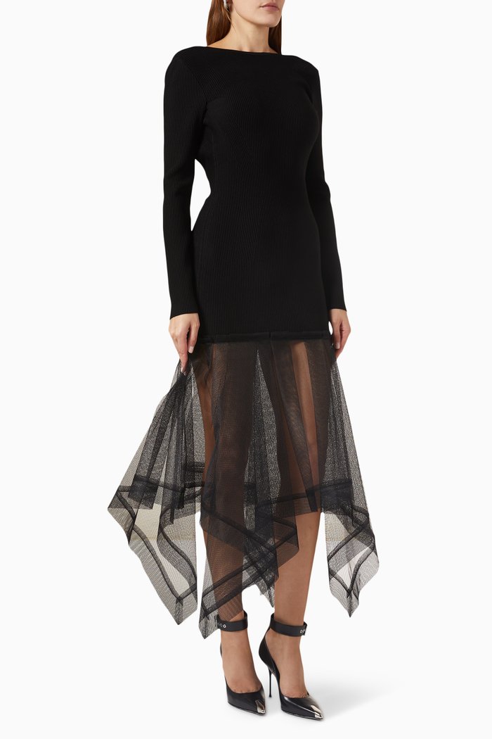 

Tulle-hem Midi Dress in Ribbed Viscose, Black