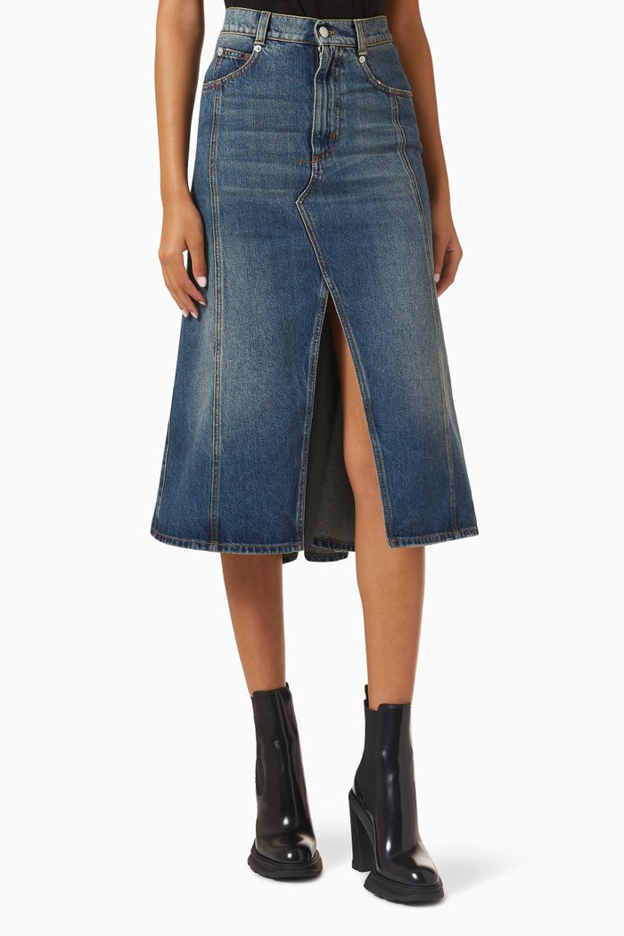 

Pleated High-rise Midi Skirt in Denim, Blue