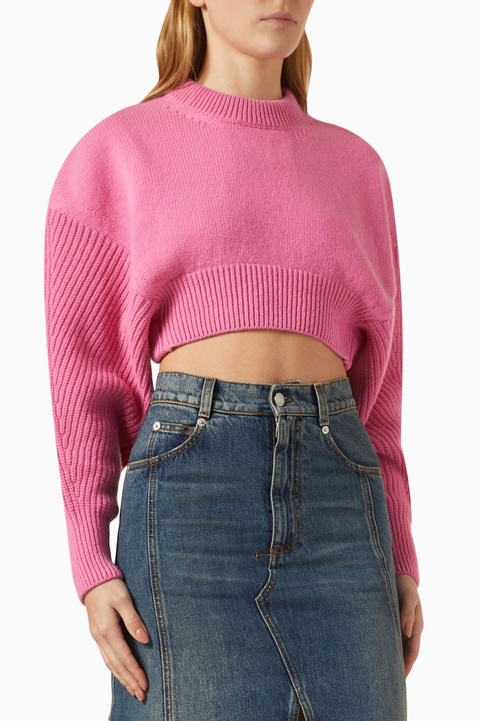 

Cocoon-sleeve Crop Sweater in Wool, Purple