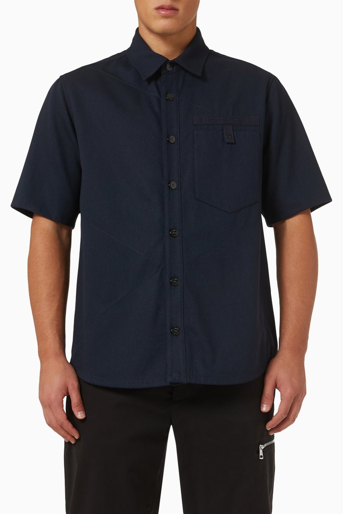 

Short-sleeve Overshirt in Diagonal-weave Wool Nylon, Blue
