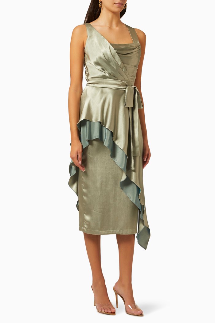

Asymmetric Peplum Dress in Satin, Green