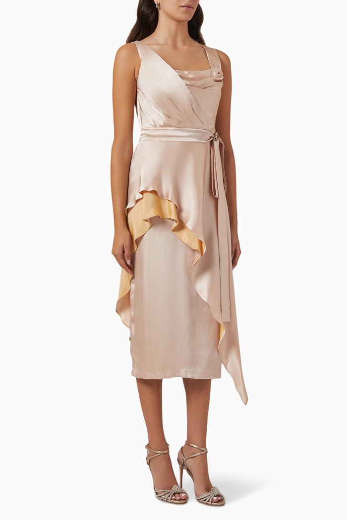 

Asymmetric Peplum Dress in Satin, Pink