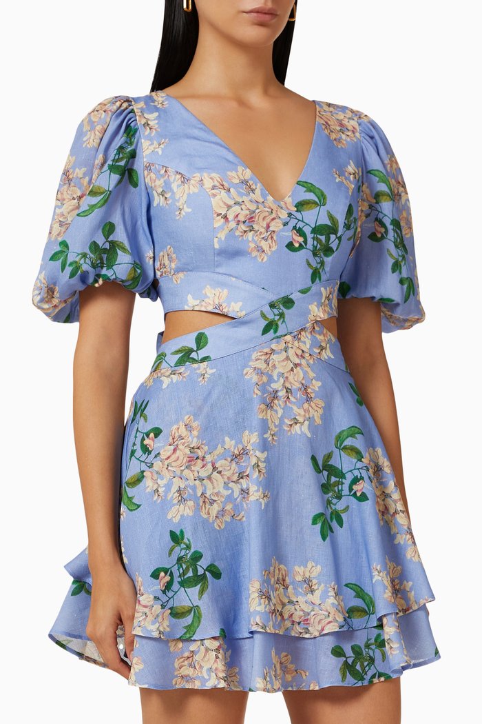 

Poppy Cut-out Mini Dress in Linen, Blue