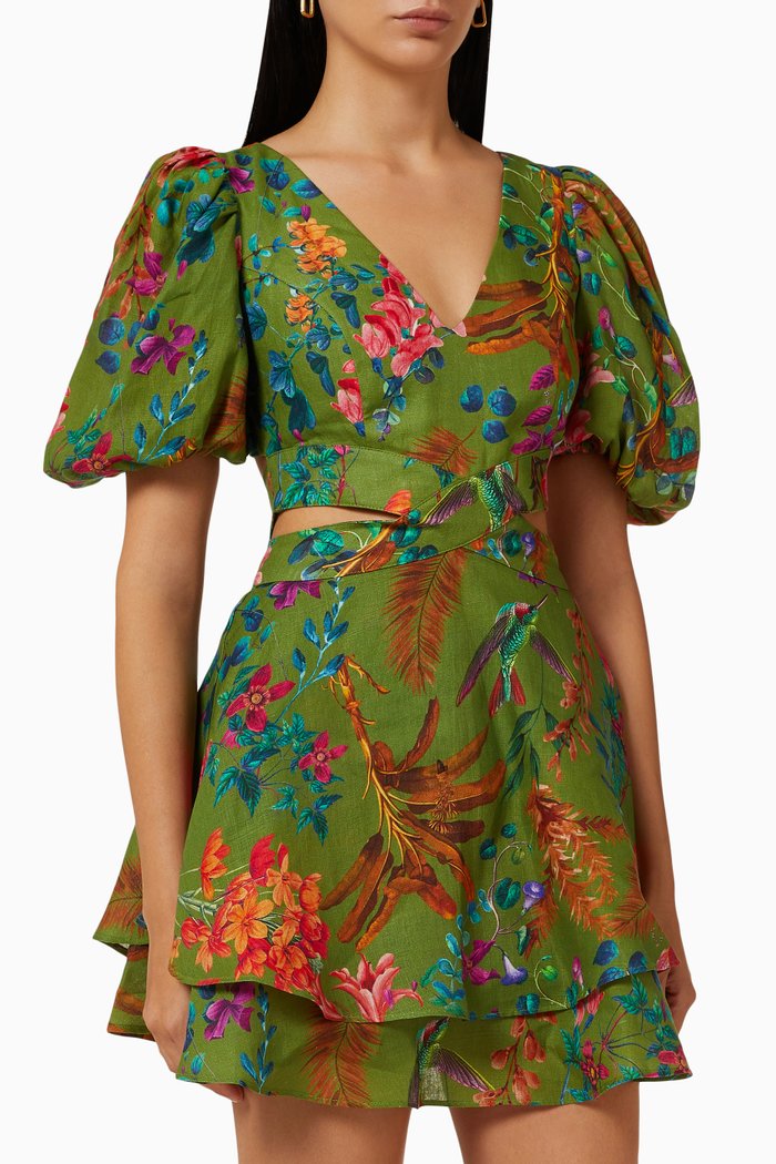

Poppy Cut-out Mini Dress in Linen, Green