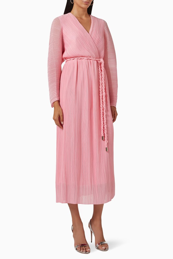 Pleated Belted Dress, Pink