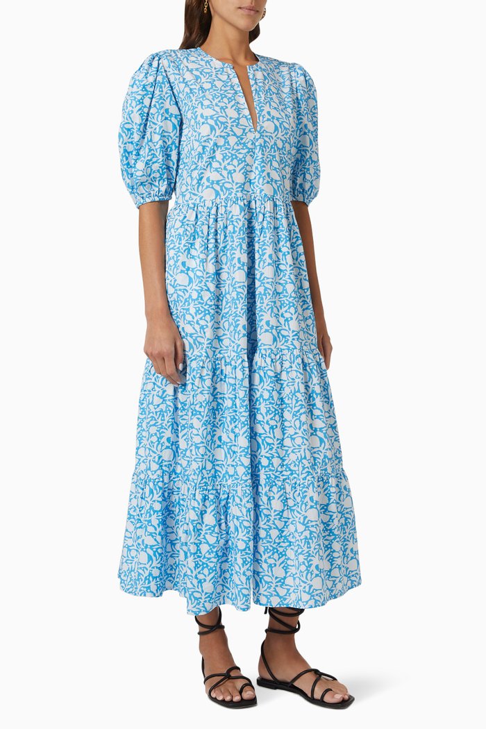 

V-neck Ombré Midi Dress in Cotton Poplin, Blue