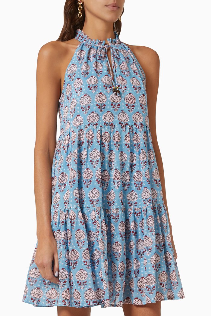 

Sleeveless Tiered Mini Dress in Cotton Voile, Blue