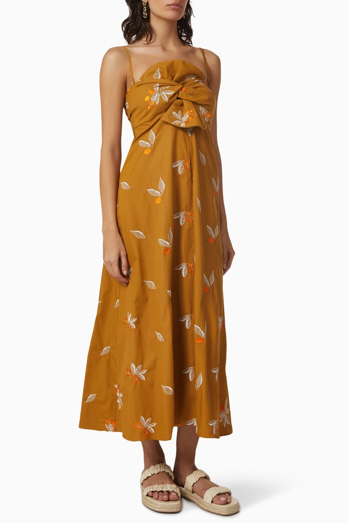 

Amore Mio Embroidered Midi Dress in Cotton, Brown