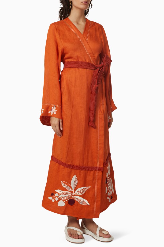 

Bocas De San Juan Embroidered Kaftan in Linen, Red