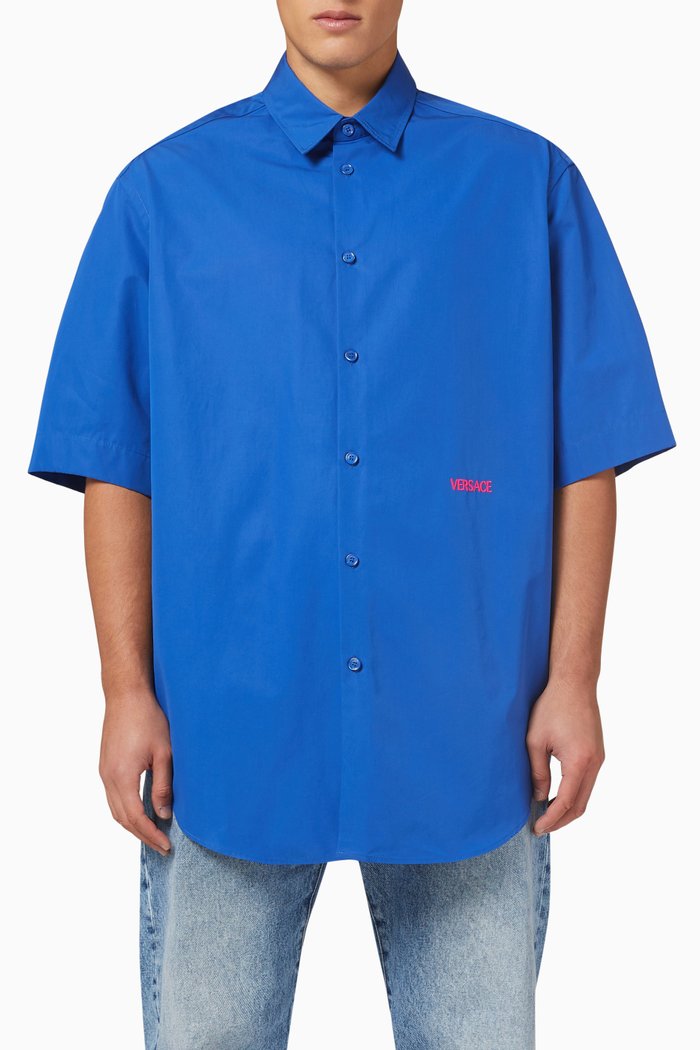 

Embroidered Logo Bowling Shirt in Cotton Poplin, Blue