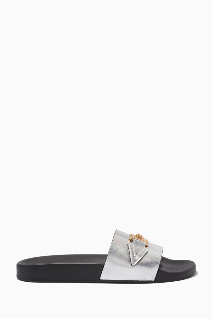 

Biggie Pool Slide Sandals in Metallic Leather, Silver