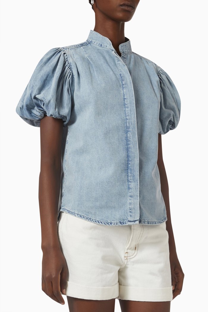 

Pleated Puff-sleeve Top in Denim, Blue