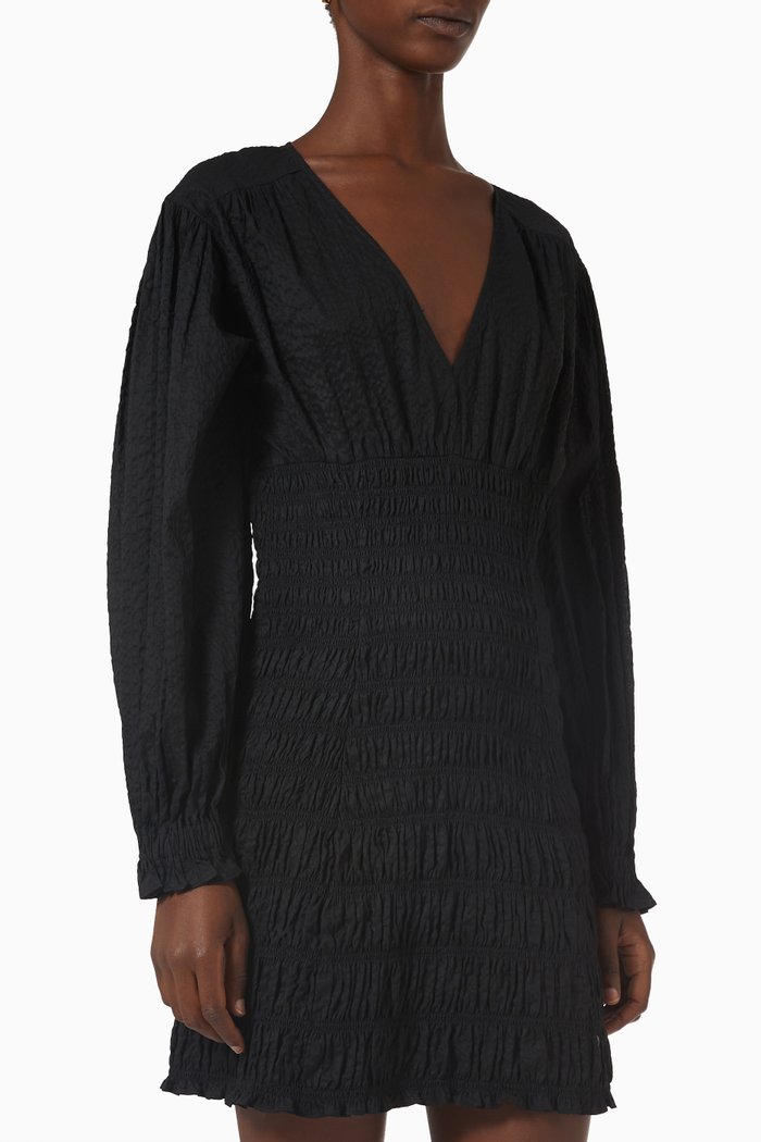 V-neck Smocked Mini Dress in Cotton, Black