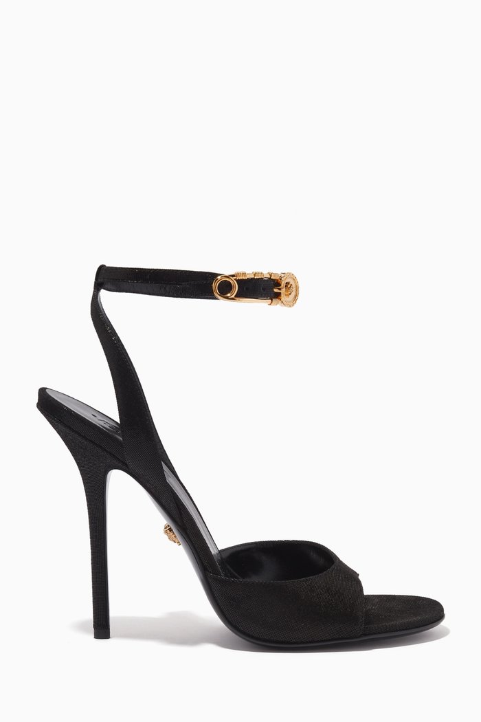 

Safety Pin 110 Heel Sandals in Lurex & Leather, Black