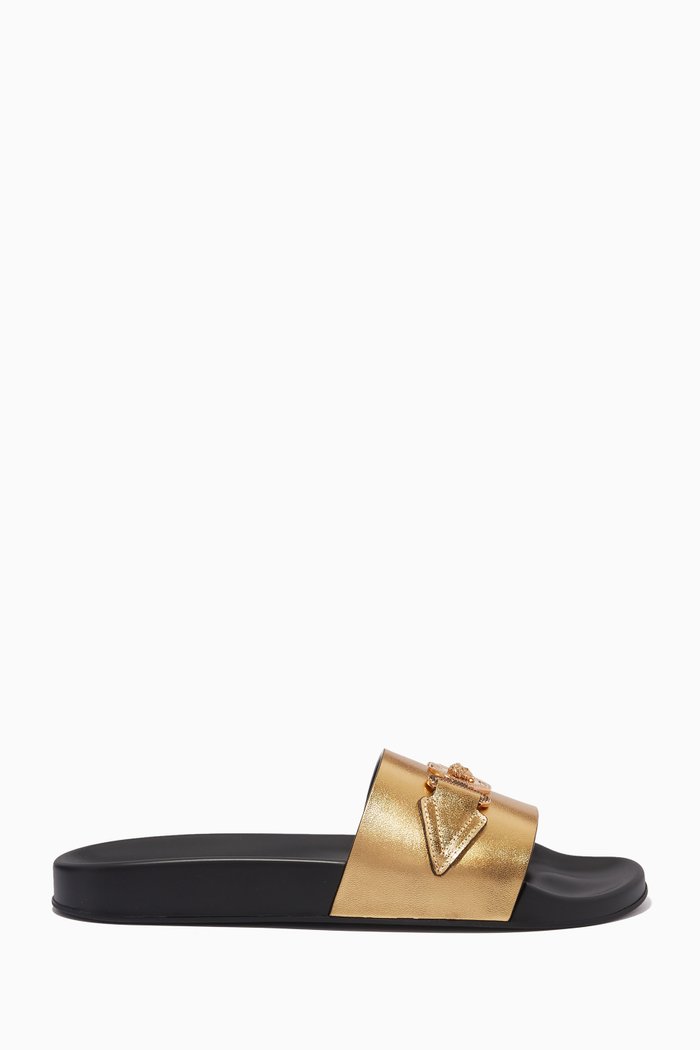 

Biggie Pool Slide Sandals in Metallic Leather, Gold
