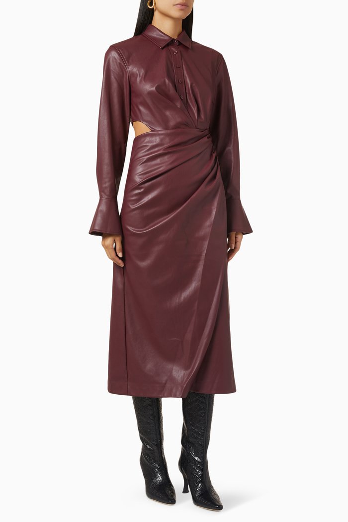 

Mara Draped Midi Dress in Vegan Leather, Purple