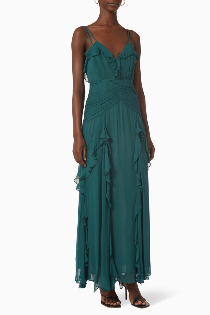 Leonie Frill Maxi Dress in Semi-sheer Chiffon, Green
