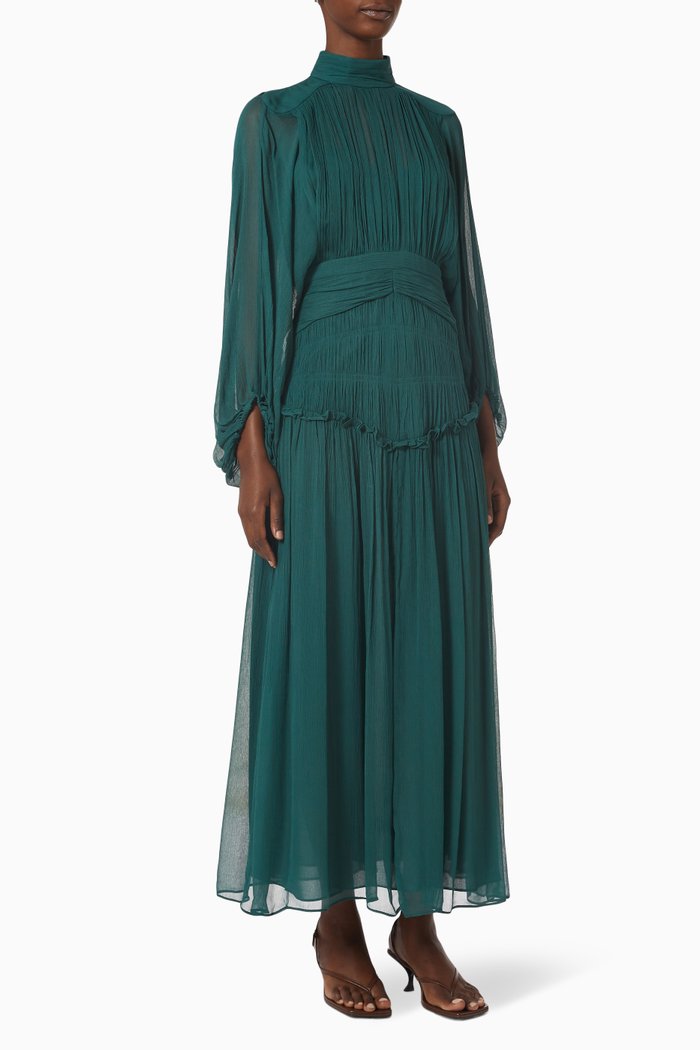 

Leonie Ruched Midi Dress in Semi-sheer Chiffon, Green
