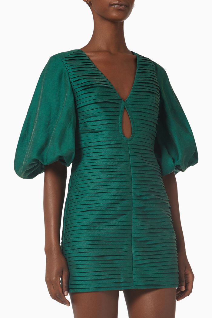 

Théa Balloon-sleeve Keyhole Mini Dress in Linen, Green