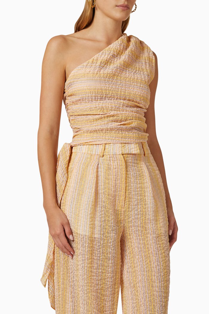 Asymmetrical Twisted Top in Striped Cotton Blend, Orange