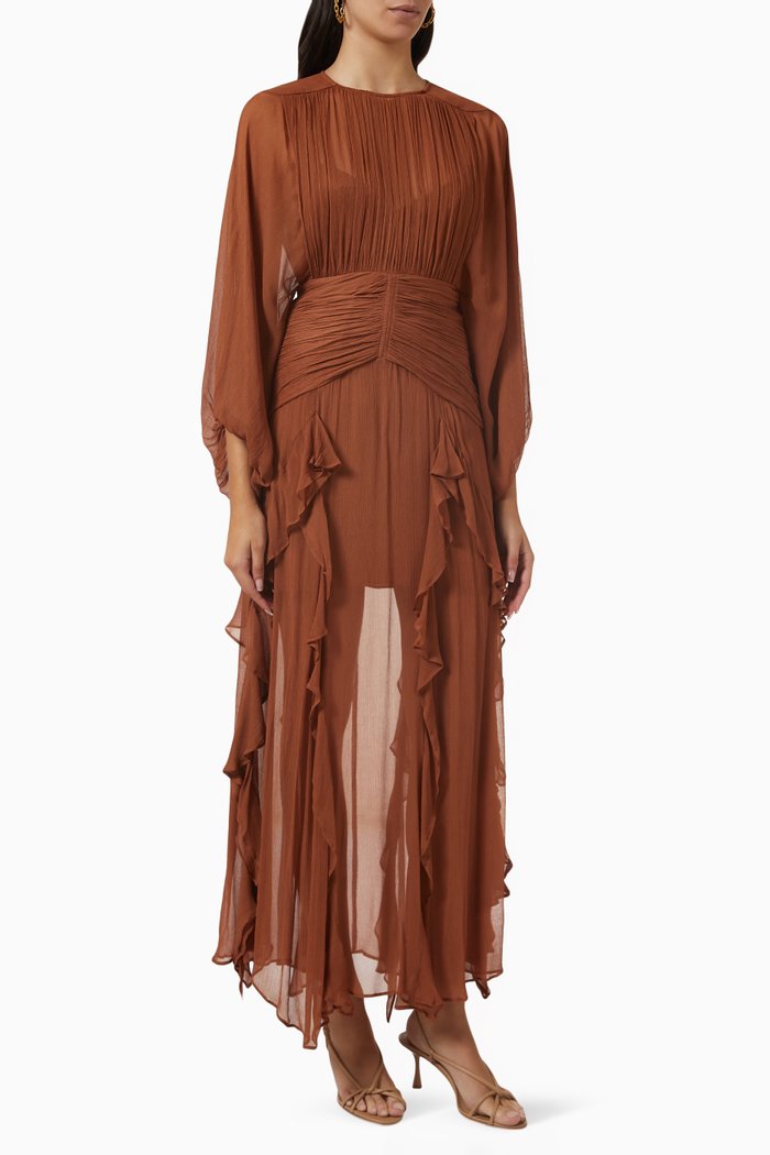 

Leonie Ruffle Maxi Dress in Chiffon, Brown