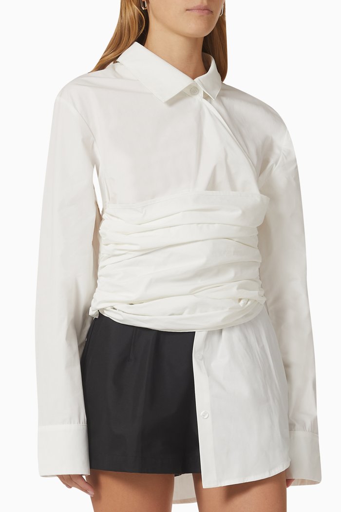 Draped Long-sleeve Shirt in Cotton, White