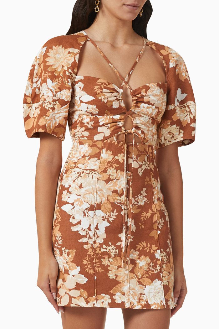 

Capucine Lace-up Mini Dress in Linen-blend, Brown