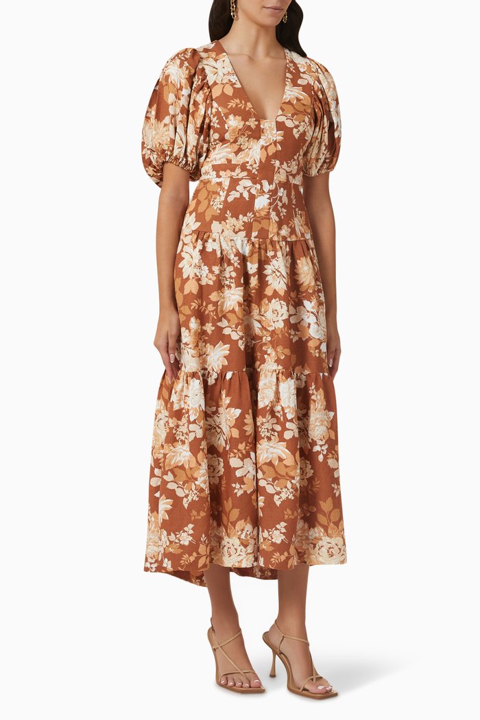 Capucine Plunge-neck Midi Dress in Linen-blend, Brown
